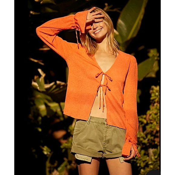 Free People Orange Coquette front tie Cardigan size Medium New bows - Picture 1 of 7